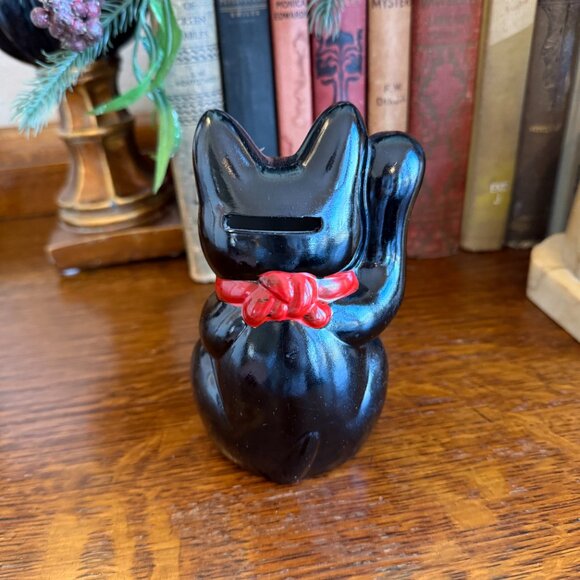 Vintage Maneki-Neko Lucky Black Cat Right Paw Up - Picture 9 of 17
